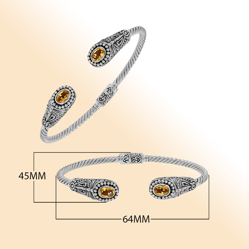 Sterling silver Balinese cuff bangle with Citrine Quartz accents and ornate scroll design.