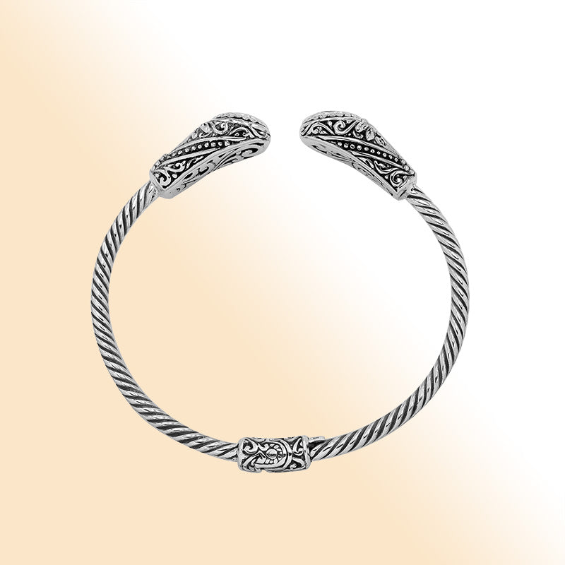 Sterling silver Balinese cuff bangle with Citrine Quartz accents and ornate scroll design.
