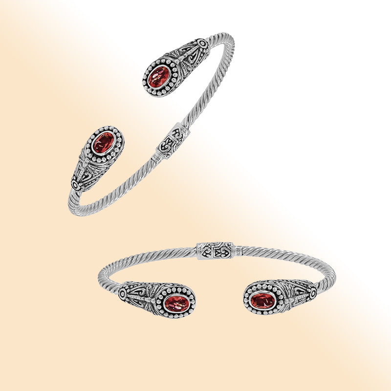 Sterling silver Balinese cuff bangle with Garnet Quartz accents and ornate scroll design.
