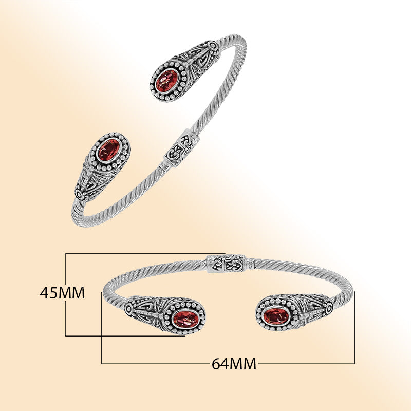 Sterling silver Balinese cuff bangle with Garnet Quartz accents and ornate scroll design.