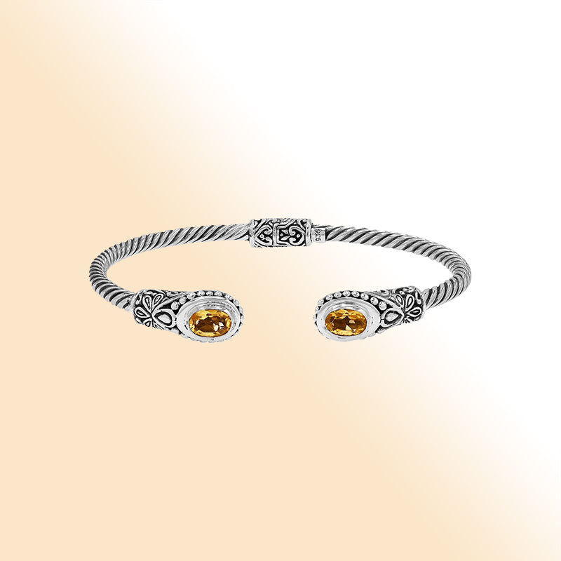 Sterling silver Balinese bangle with Citrine Quartz stones and ornate beaded scrollwork.