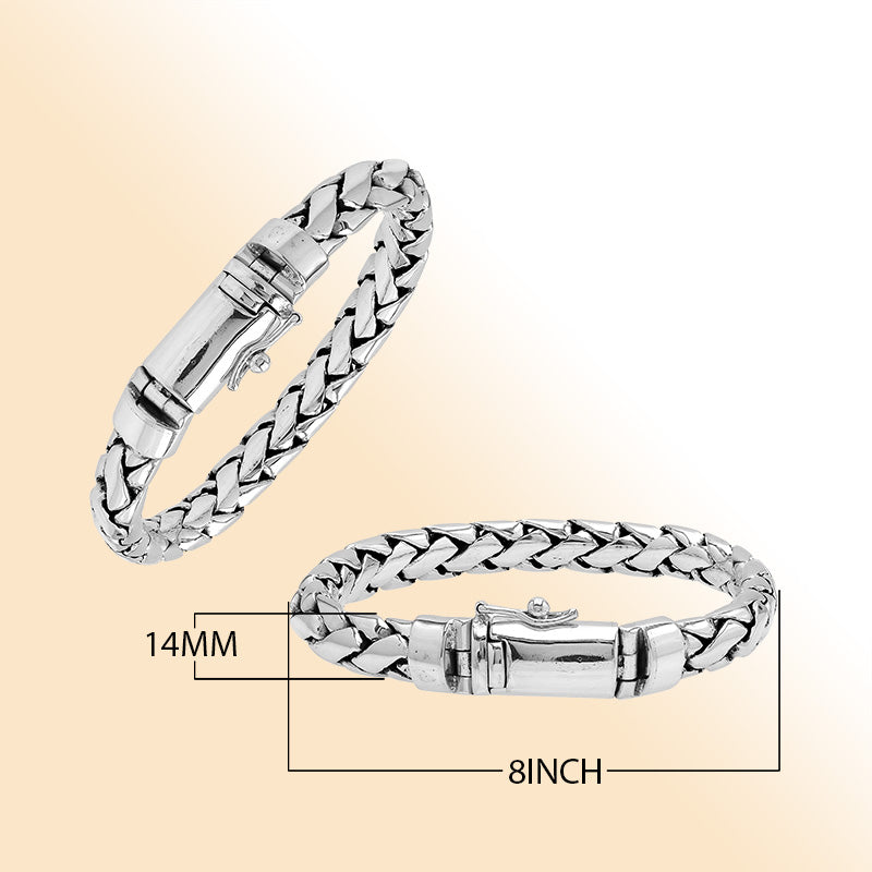 Sterling silver men’s woven chain bracelet with mirror finish and polished push lock.