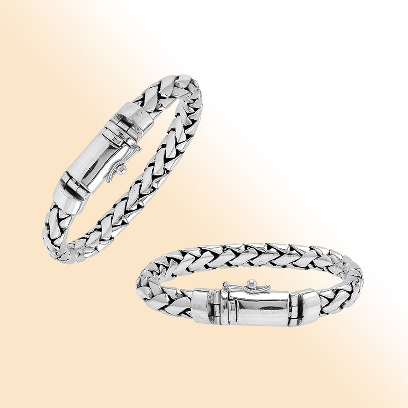 Sterling silver men’s woven chain bracelet with mirror finish and polished push lock.