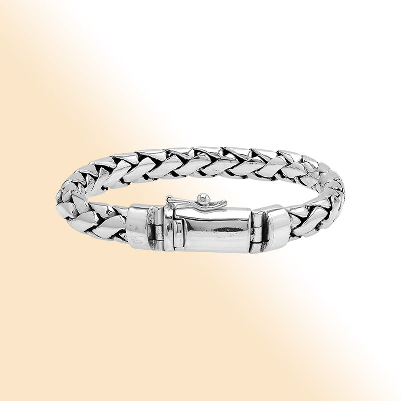 Sterling silver men’s woven chain bracelet with mirror finish and polished push lock.