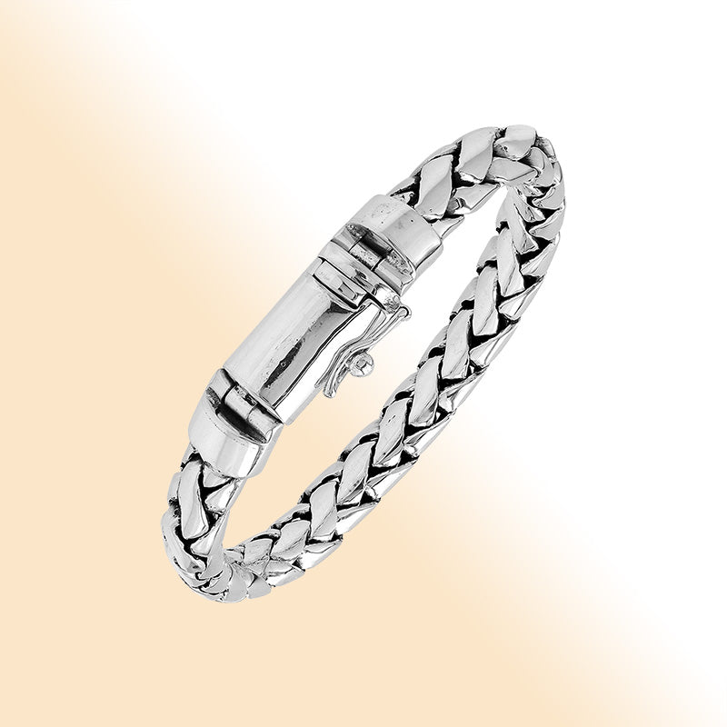 Sterling silver men’s woven chain bracelet with mirror finish and polished push lock.
