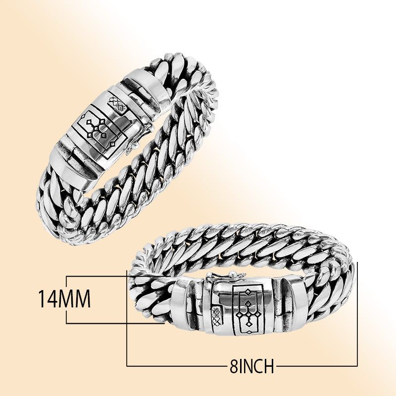 Sterling silver unisex curb chain bracelet with polished finish and engraved box clasp.
