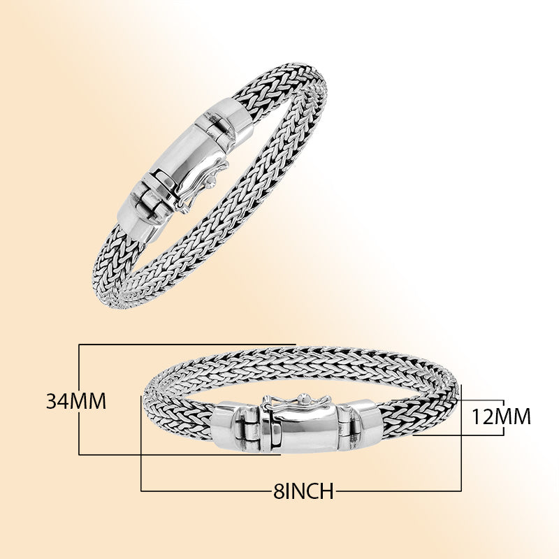 Sterling silver men’s wheat chain bracelet with mirror finish and box clasp closure.