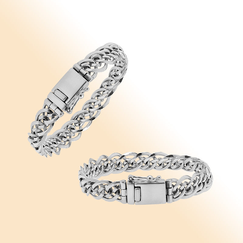 Sterling silver men’s chain bracelet with polished finish, box clasp, and safety latch.