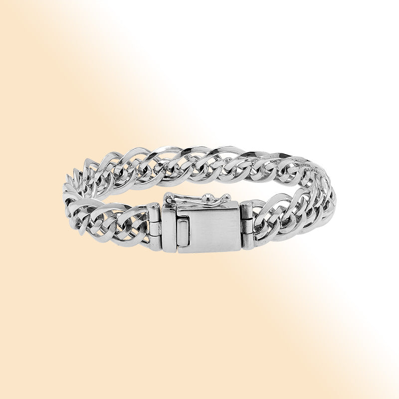 Sterling silver men’s chain bracelet with polished finish, box clasp, and safety latch.
