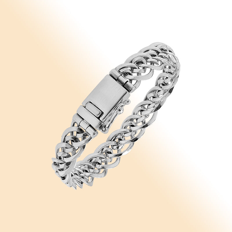 Sterling silver men’s chain bracelet with polished finish, box clasp, and safety latch.