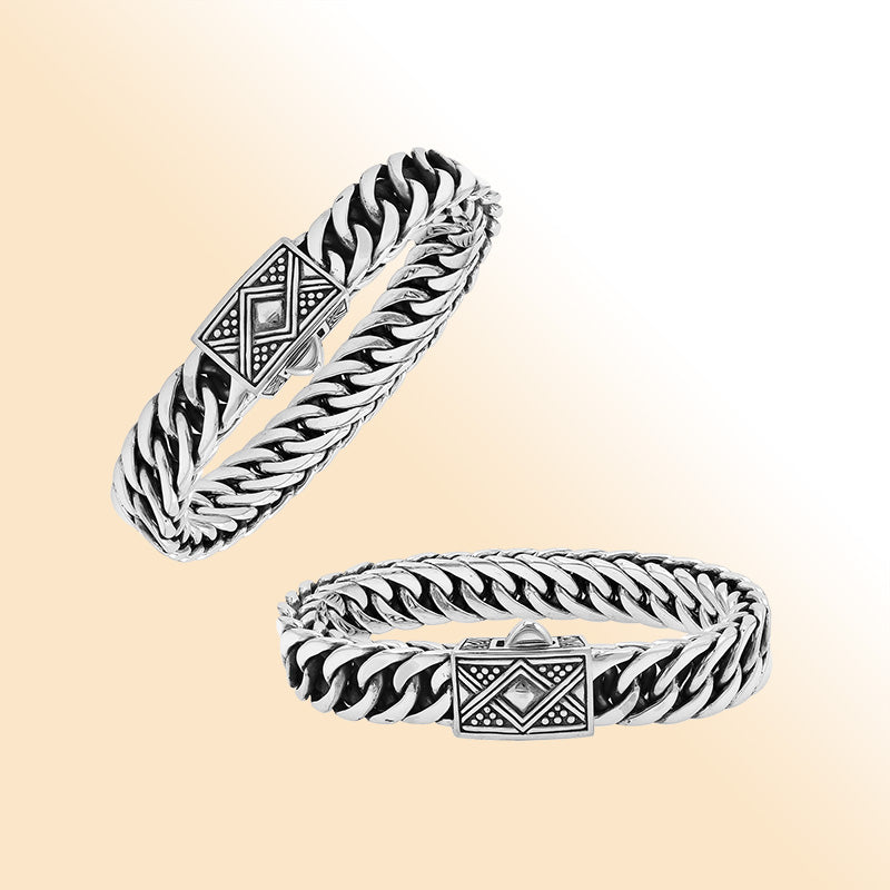 Sterling Silver Curb Chain Bracelet With Decorative Engraved Box Clasp For Retail