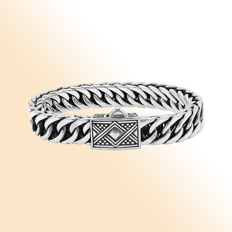 Sterling Silver Curb Chain Bracelet With Decorative Engraved Box Clasp For Retail