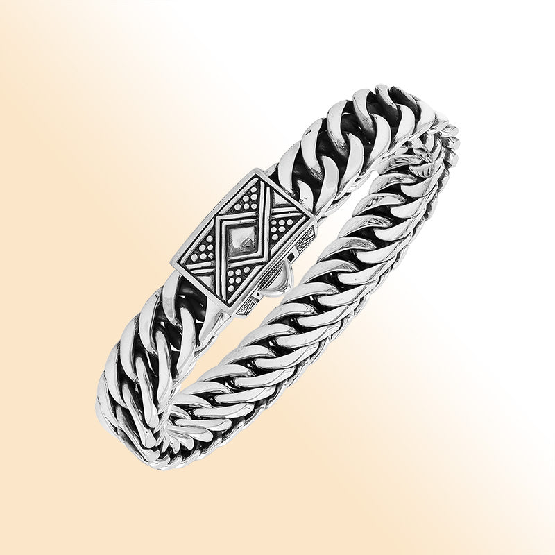 Sterling Silver Curb Chain Bracelet With Decorative Engraved Box Clasp For Retail
