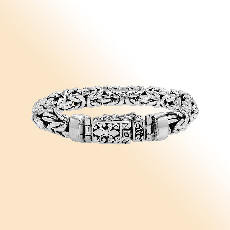 Sterling Silver Ornate Woven Bracelet With Engraved Box Clasp For Retail