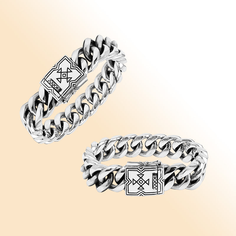 Sterling Silver Curb Chain Bracelet With Engraved Geometric Box Clasp For Retail