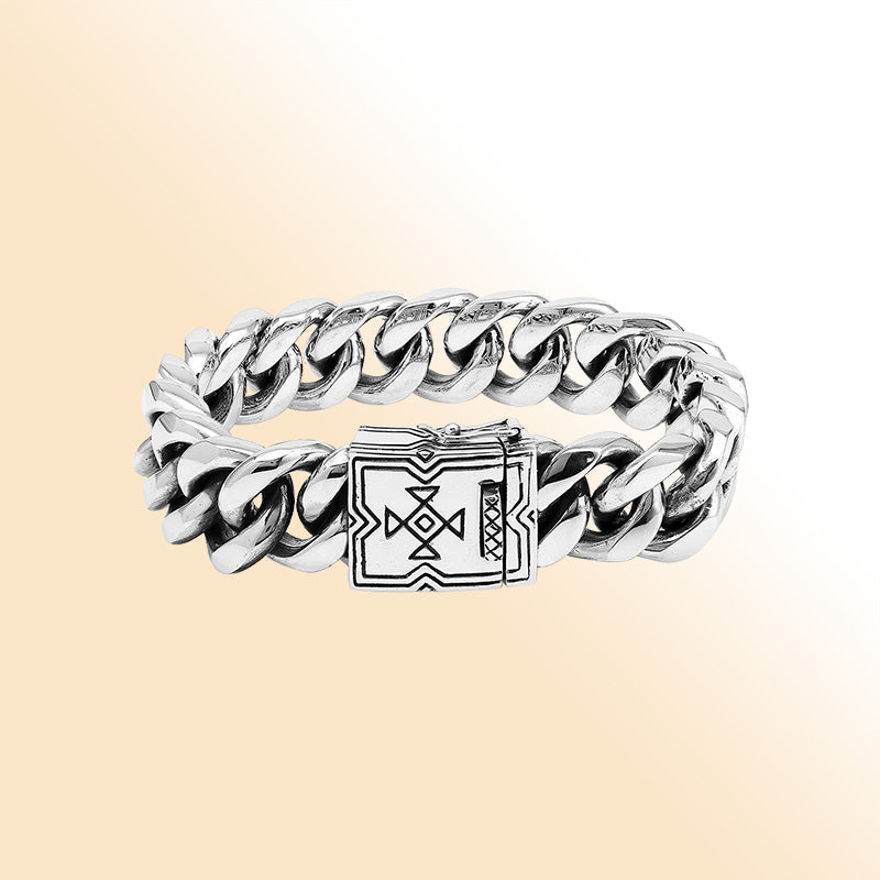 Sterling Silver Curb Chain Bracelet With Engraved Geometric Box Clasp For Retail