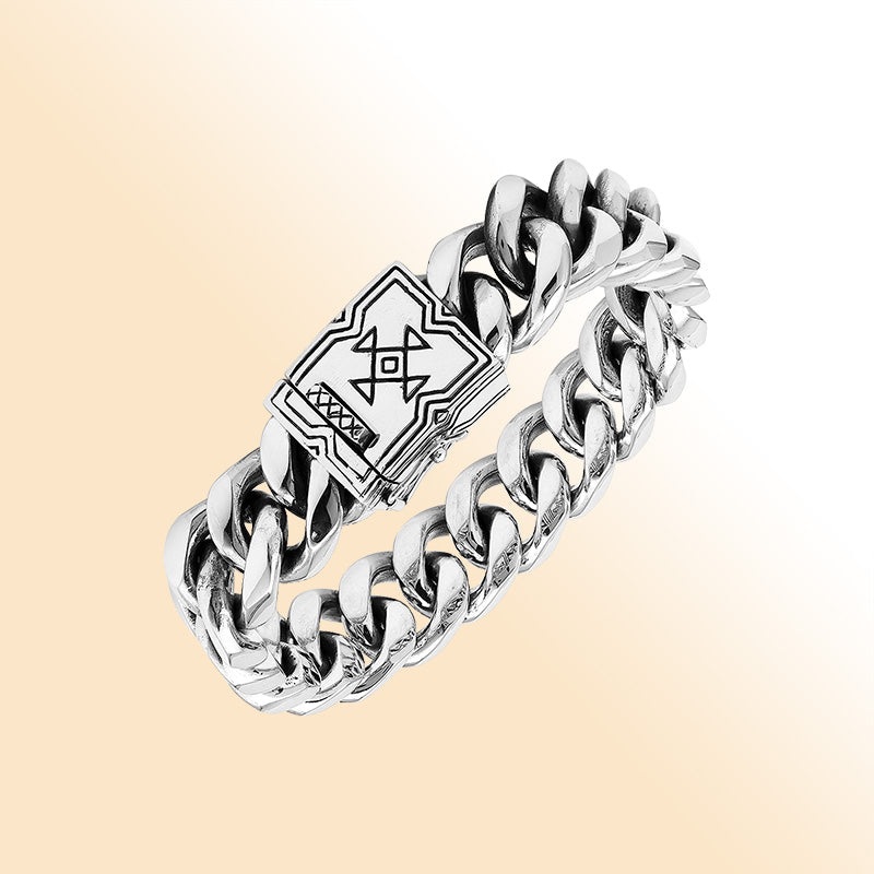 Sterling Silver Curb Chain Bracelet With Engraved Geometric Box Clasp For Retail