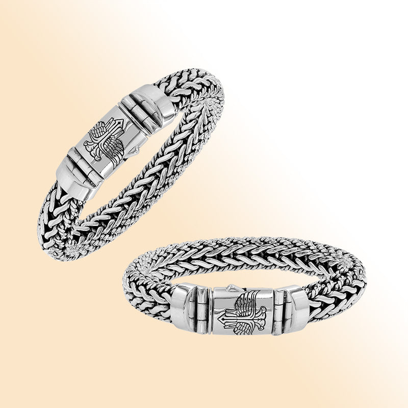 Sterling Silver Woven Bracelet With Decorative Engraved Box Clasp For Retail