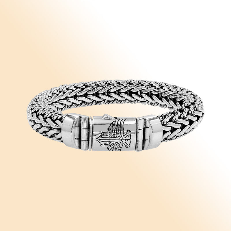Sterling Silver Woven Bracelet With Decorative Engraved Box Clasp For Retail