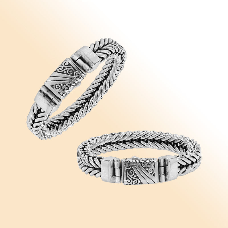 Sterling Silver Woven Bracelet With Polished Engraved Push Clasp For Retail