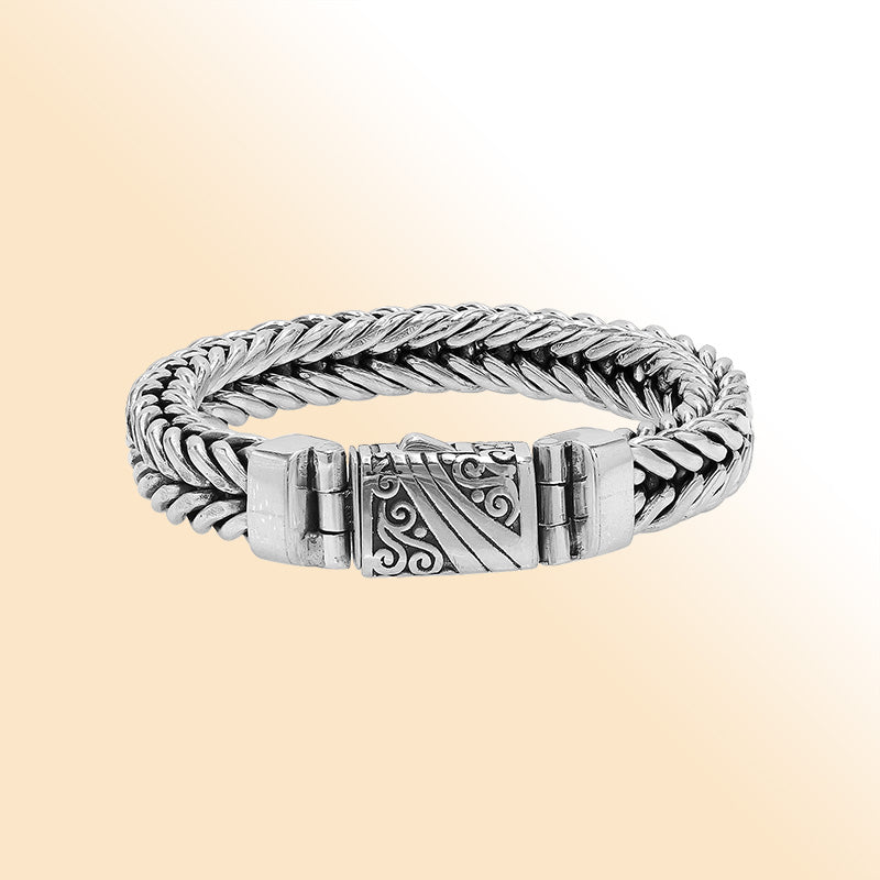 Sterling Silver Woven Bracelet With Polished Engraved Push Clasp For Retail