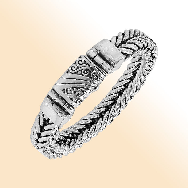Sterling Silver Woven Bracelet With Polished Engraved Push Clasp For Retail