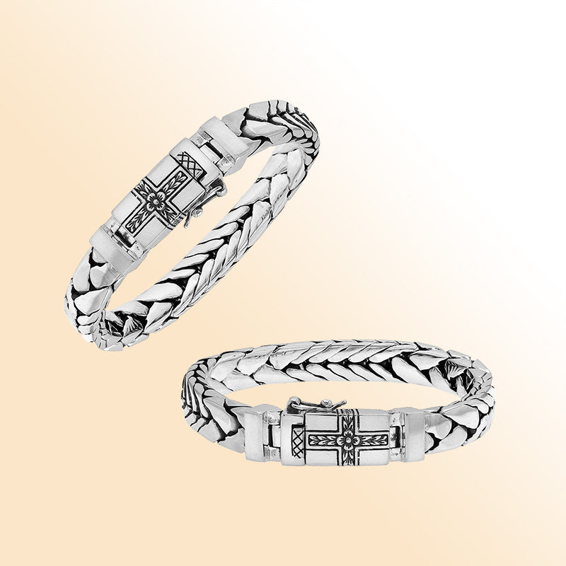 Sterling Silver Woven Bracelet With Engraved Box Clasp And Safety Latch For Retail