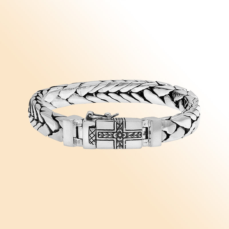 Sterling Silver Woven Bracelet With Engraved Box Clasp And Safety Latch For Retail