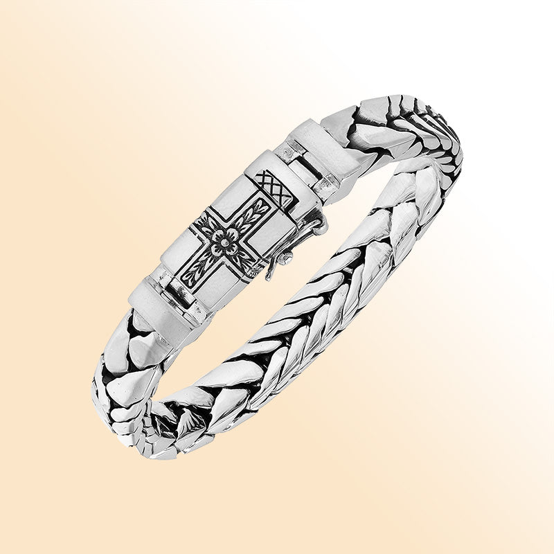Sterling Silver Woven Bracelet With Engraved Box Clasp And Safety Latch For Retail