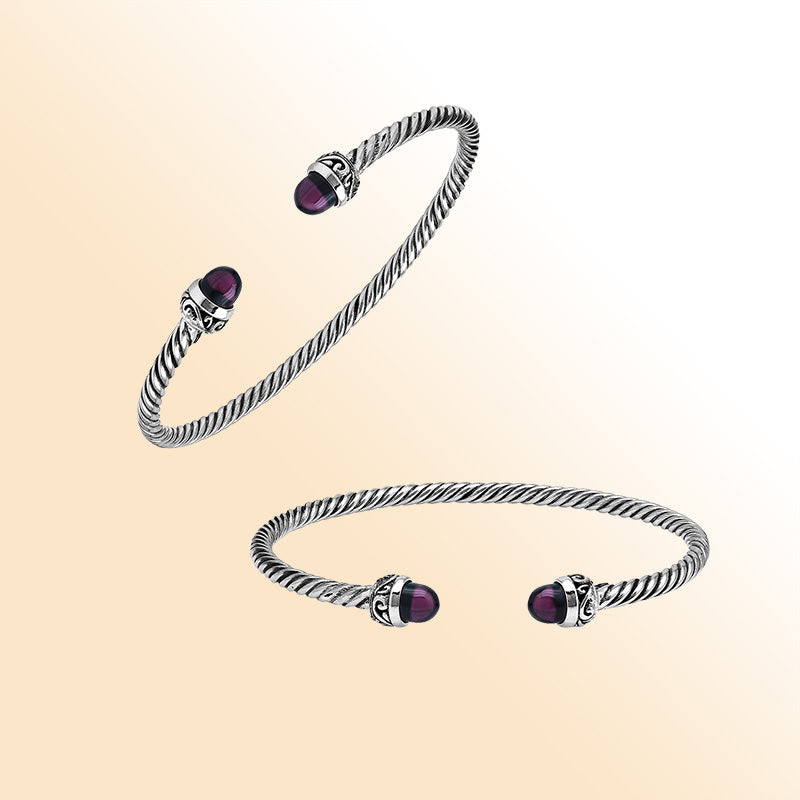Sterling Silver Twisted Bangle With Amethyst Quartz End Caps For Retail