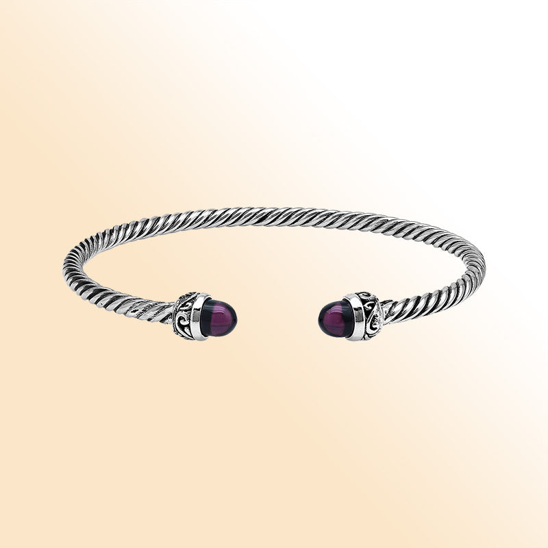 Sterling Silver Twisted Bangle With Amethyst Quartz End Caps For Retail