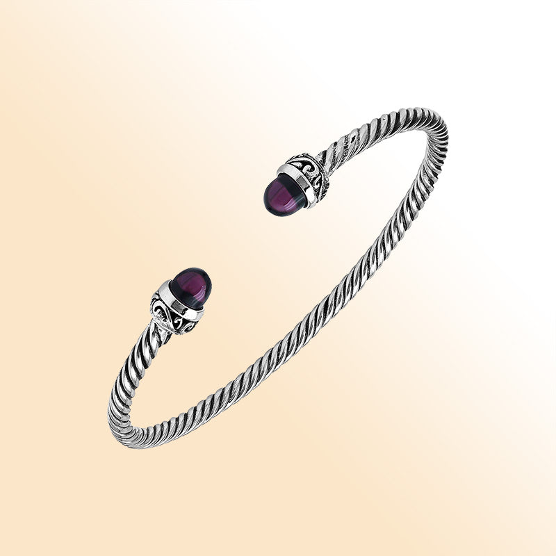 Sterling Silver Twisted Bangle With Amethyst Quartz End Caps For Retail