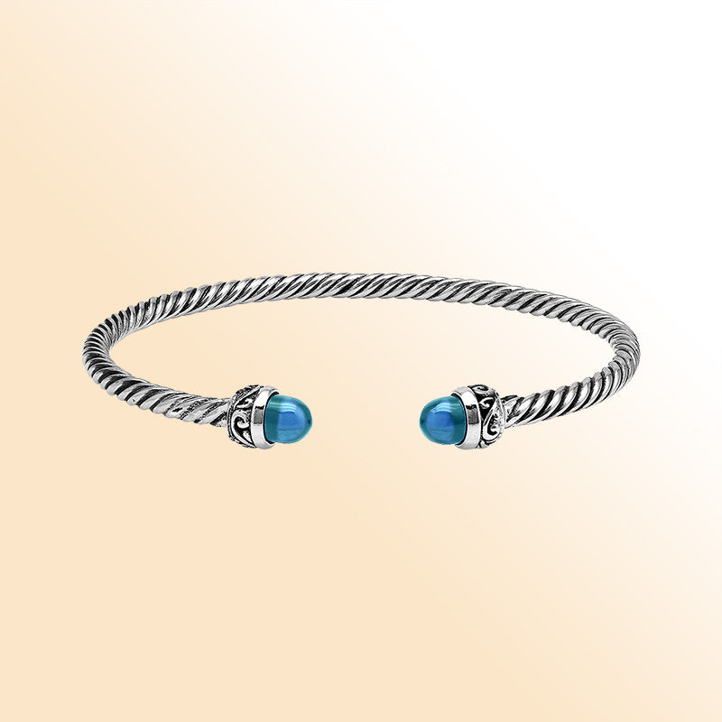 Sterling Silver Twisted Bangle With Blue Topaz Quartz End Caps For Retail