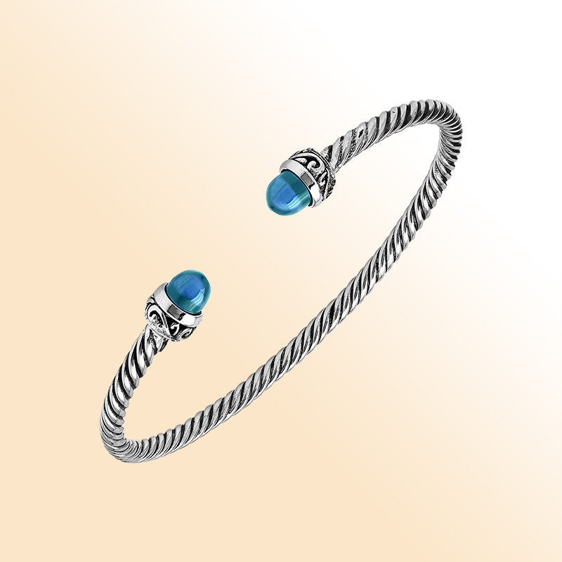 Sterling Silver Twisted Bangle With Blue Topaz Quartz End Caps For Retail
