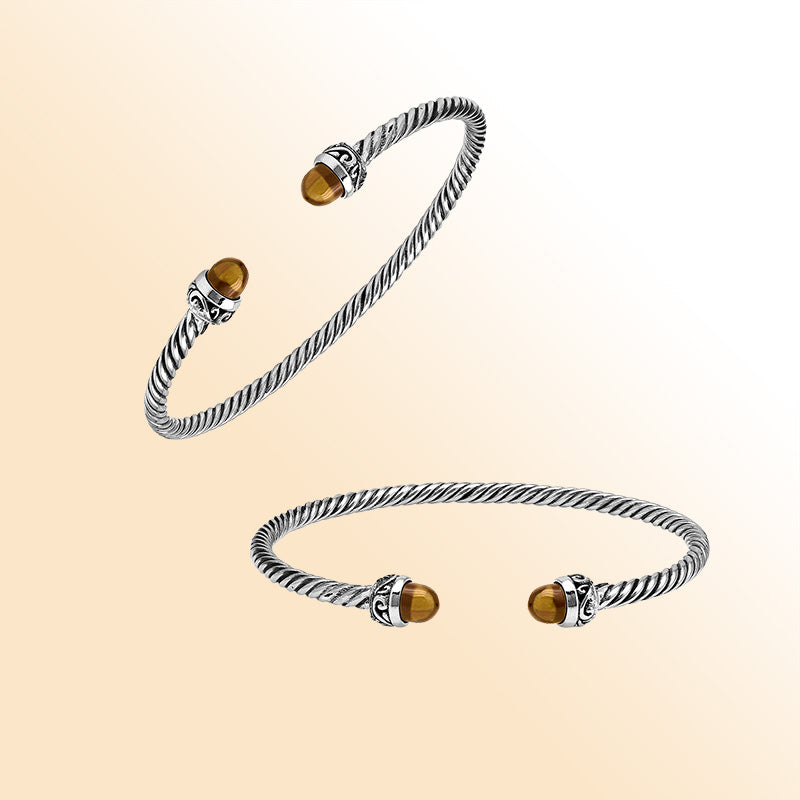 Sterling Silver Twisted Bangle With Citrine Quartz End Caps For Retail