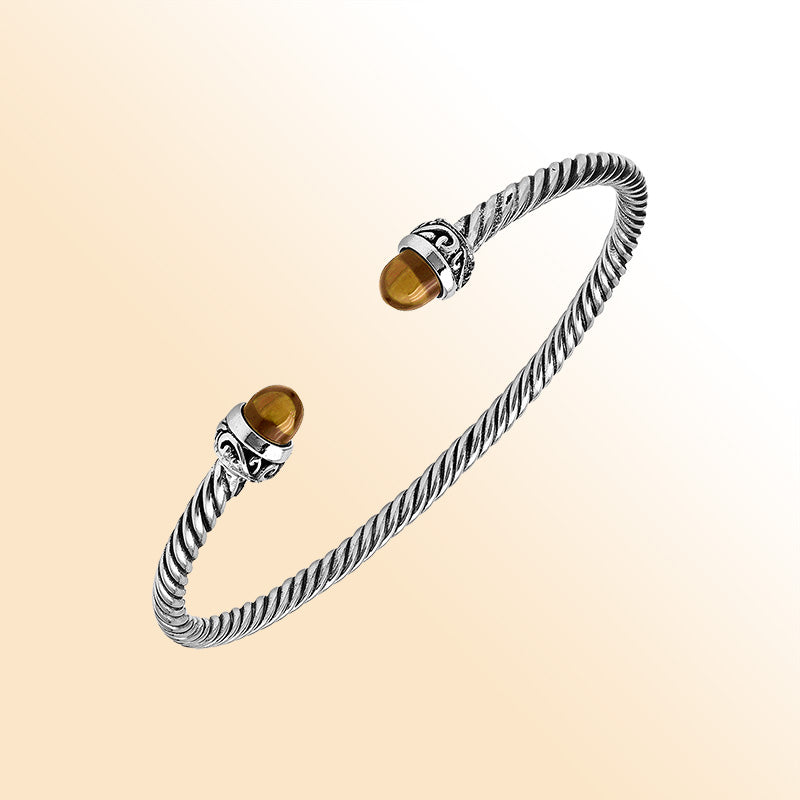 Sterling Silver Twisted Bangle With Citrine Quartz End Caps For Retail
