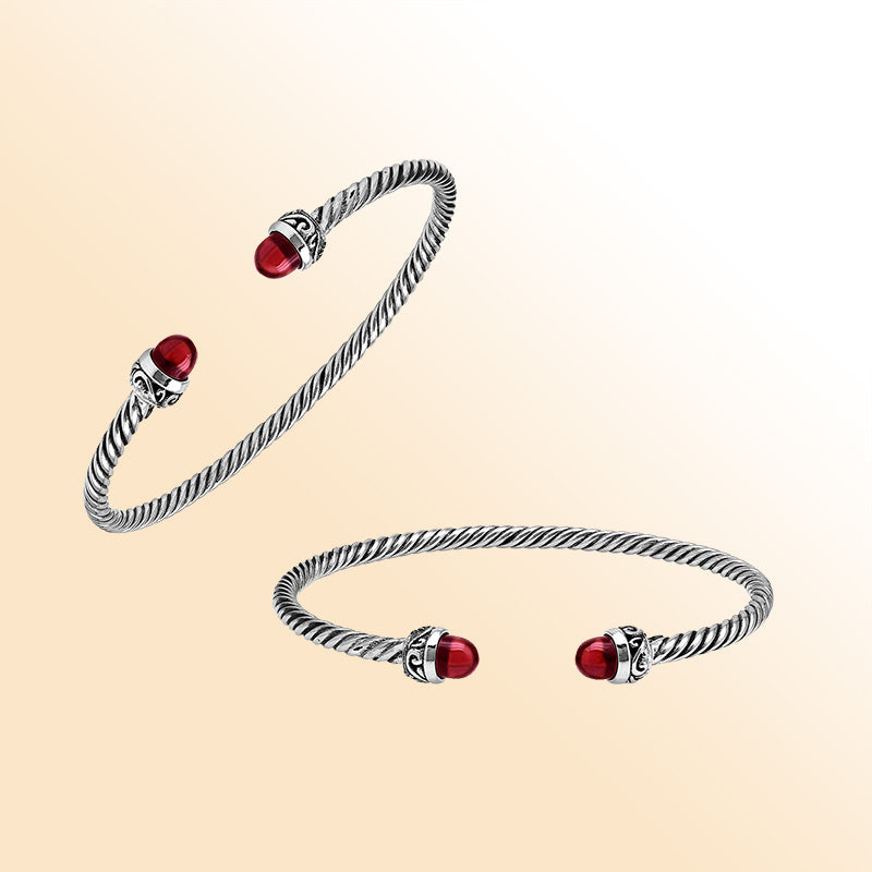 Sterling Silver Twisted Bangle With Garnet Quartz End Caps For Retail