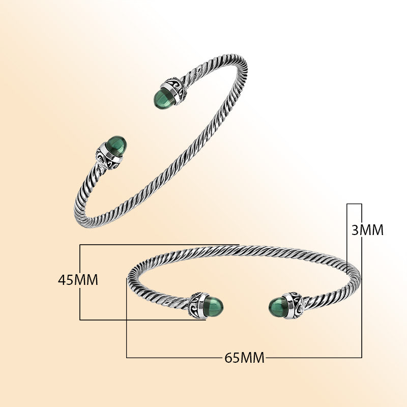 Sterling Silver Twisted Bangle With Green Amethyst Quartz End Caps For Retail