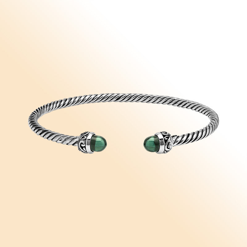 Sterling Silver Twisted Bangle With Green Amethyst Quartz End Caps For Retail