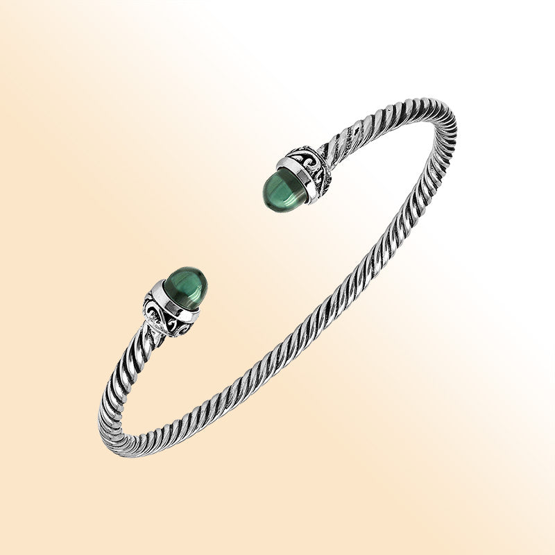 Sterling Silver Twisted Bangle With Green Amethyst Quartz End Caps For Retail