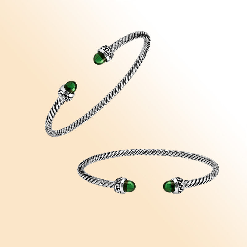 Sterling Silver Twisted Bangle With Green Quartz End Caps For Retail