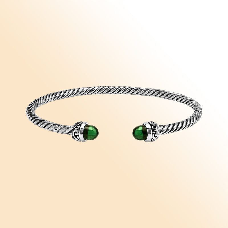 Sterling Silver Twisted Bangle With Green Quartz End Caps For Retail