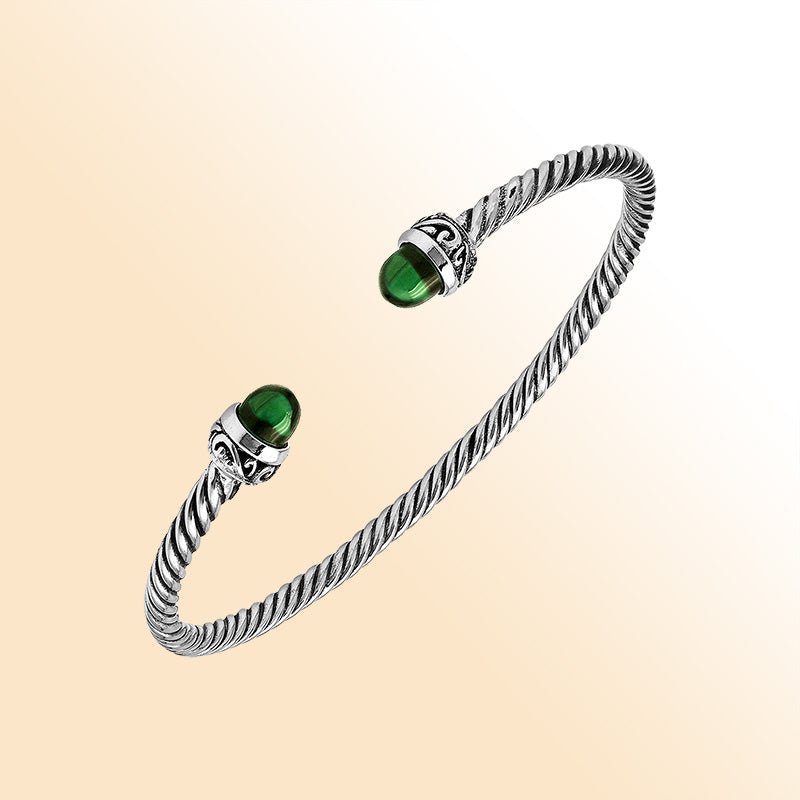 Sterling Silver Twisted Bangle With Green Quartz End Caps For Retail