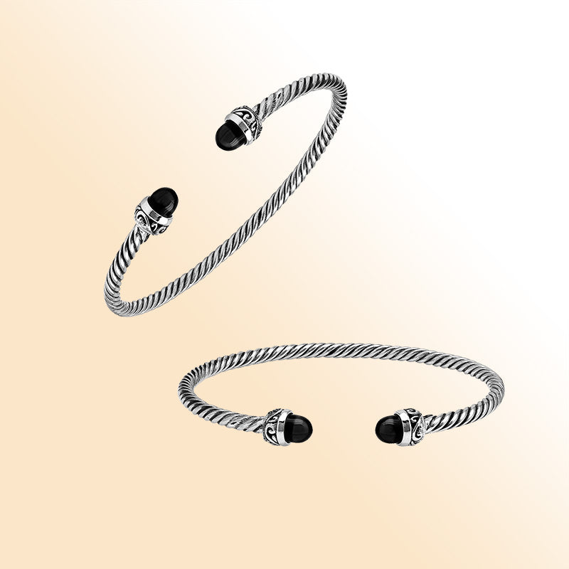 Sterling Silver Twisted Bangle With Black Onyx End Caps For Retail
