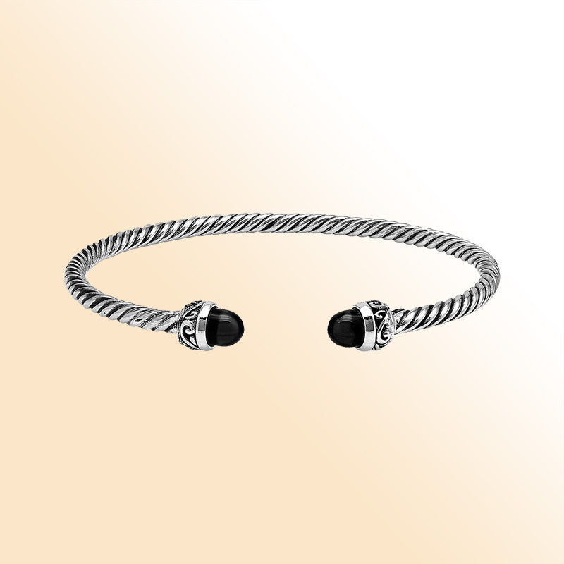 Sterling Silver Twisted Bangle With Black Onyx End Caps For Retail