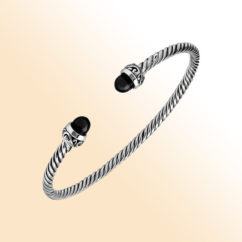 Sterling Silver Twisted Bangle With Black Onyx End Caps For Retail