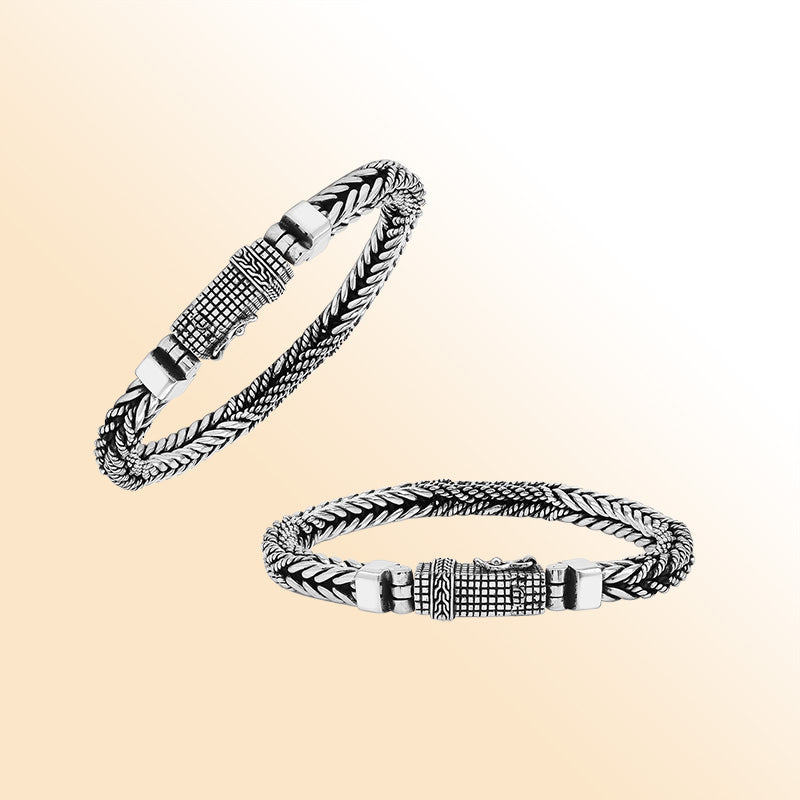 Sterling silver double Bali weave heritage bracelet with textured clasp handcrafted in Bali, Indonesia.