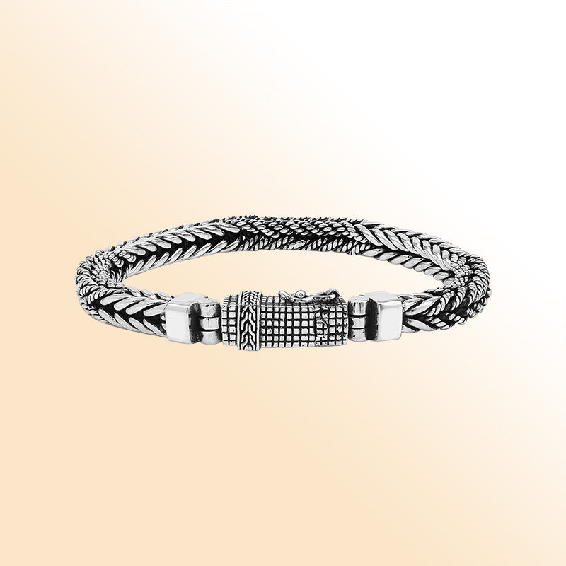Sterling silver double Bali weave heritage bracelet with textured clasp handcrafted in Bali, Indonesia.