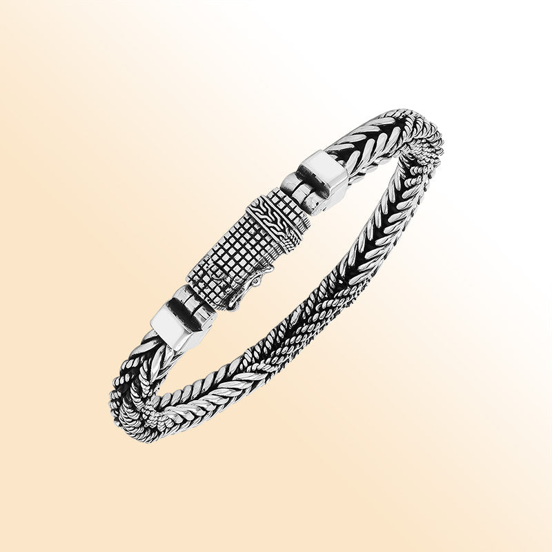 Sterling silver double Bali weave heritage bracelet with textured clasp handcrafted in Bali, Indonesia.