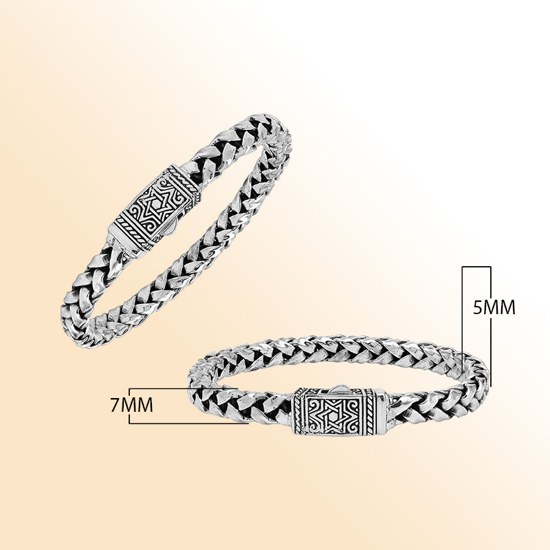 Sterling silver flat Bali weave heritage bracelet with geometric clasp handcrafted in Bali, Indonesia.